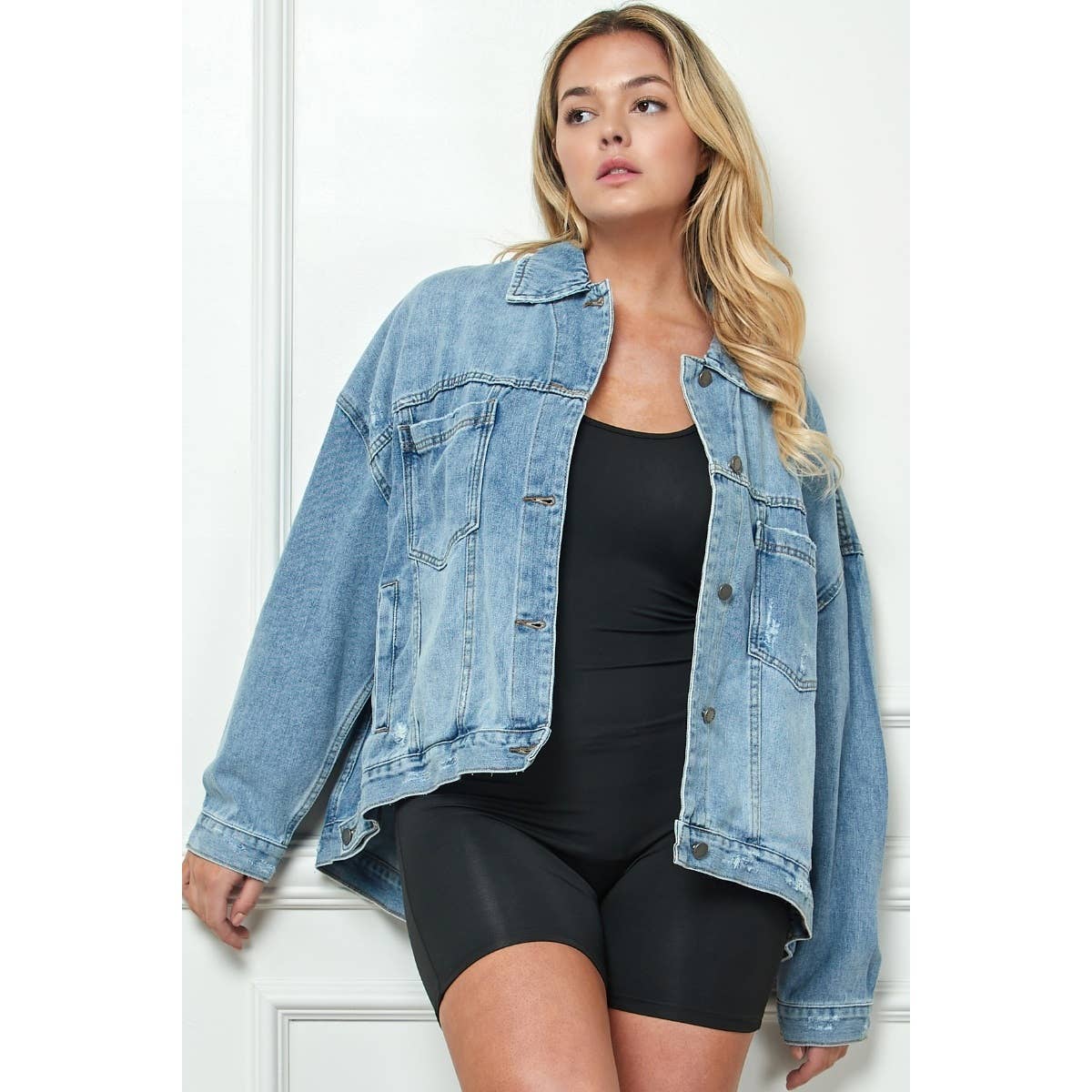 Pleated Denim Jacket - Med Denim PLUS