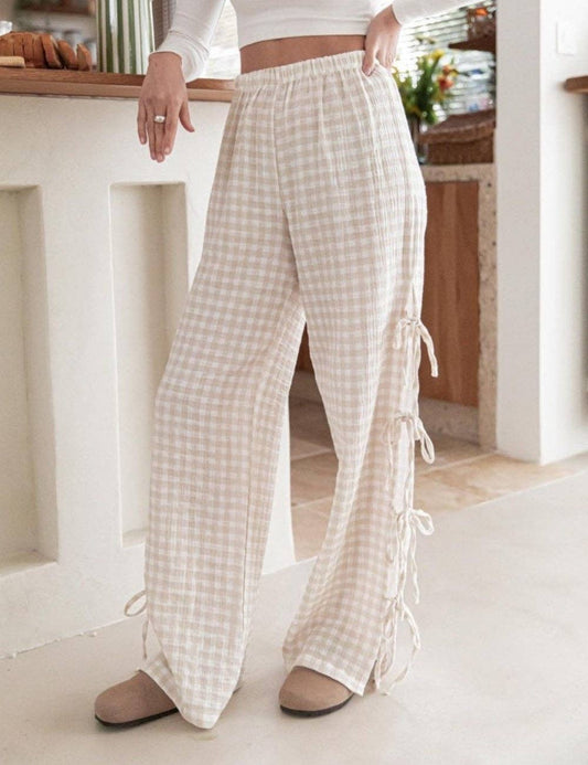 Gingham Bow Side Split Pants