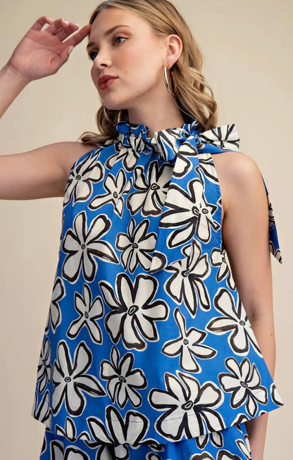 Feeling Royal Floral Print Tie Neck Top
