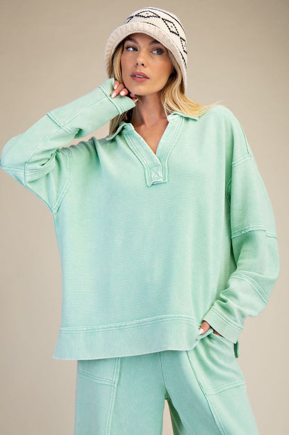 Textured Waffle Pullover - Spring Mint