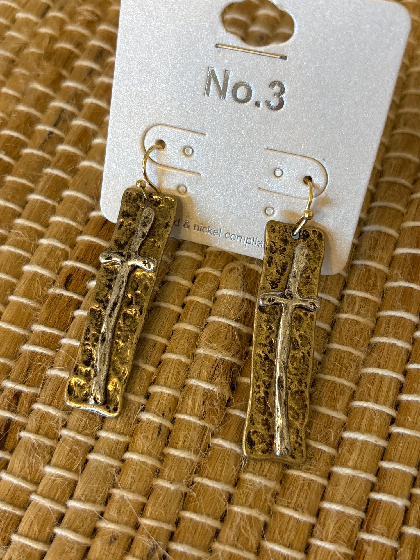 Hammered Cross Drop Earring - Gold Background