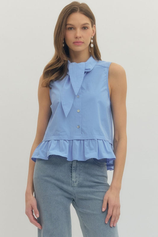 Chambray Sophisticated Tie Neck Top