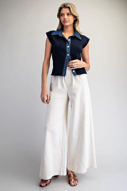 Cream Mineral Washed Wide Leg Pants