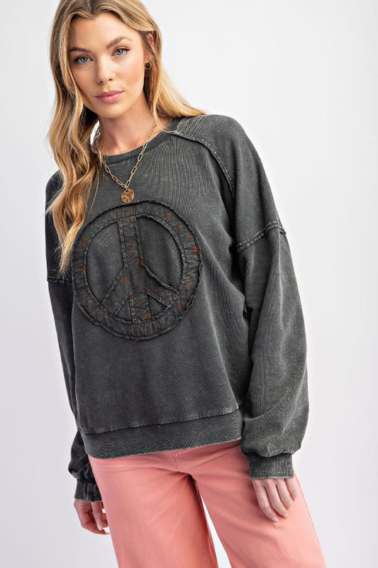 Peace Sign Washed Terry Pullover - Plus