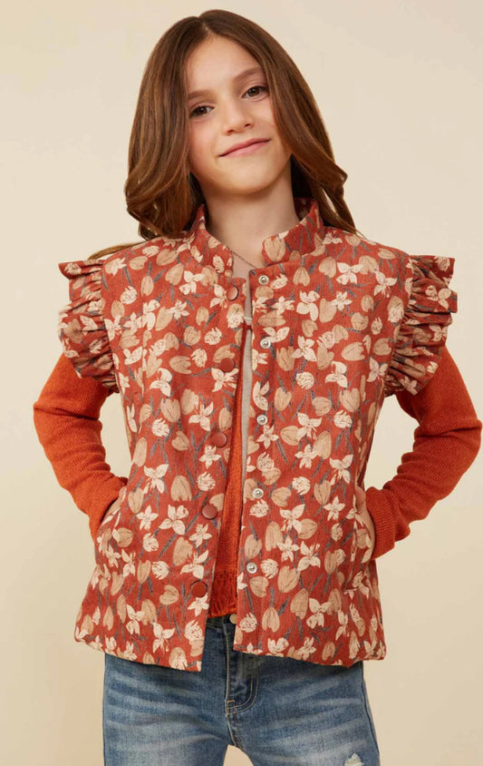Floral Print Ruffled Corduroy Vest Girls