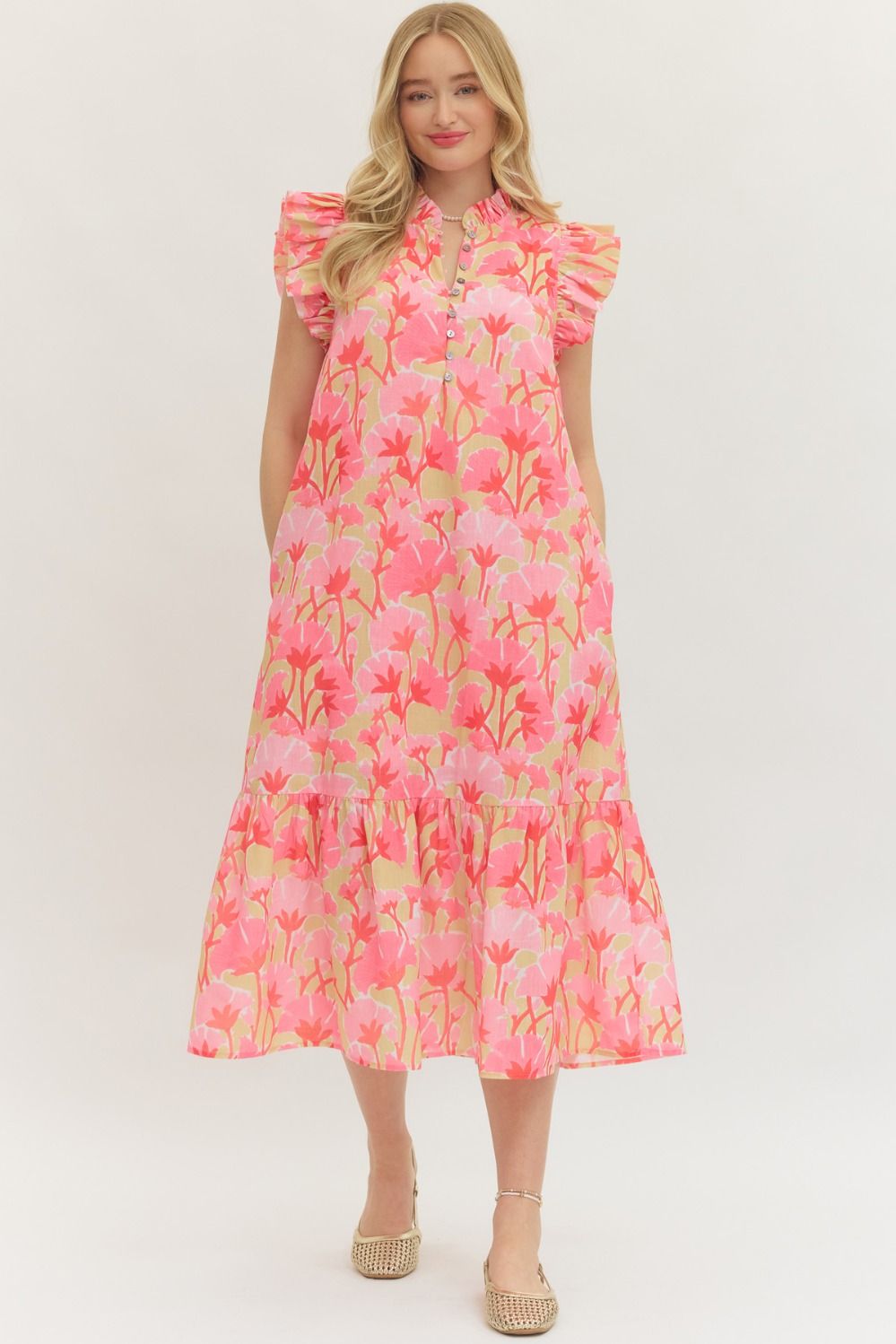 Pink Floral Flutter Sleeve Midi