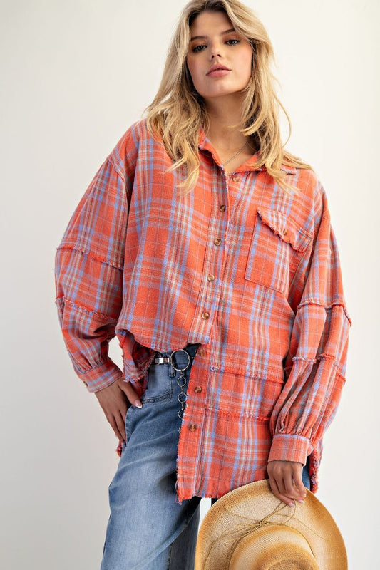 Pumpkin Patch Washed Plaid Oversized Top