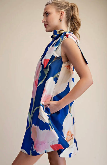 Floral Print Tie Neck Mini Dress