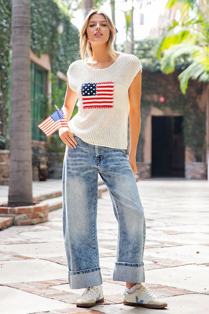 Stars & Stripes Knit Cap Sleeve Top