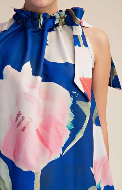 Floral Print Tie Neck Mini Dress