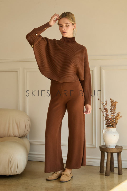 Knit Wide Leg Pant- Brown