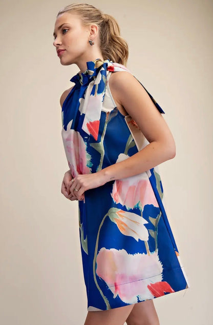 Floral Print Tie Neck Mini Dress