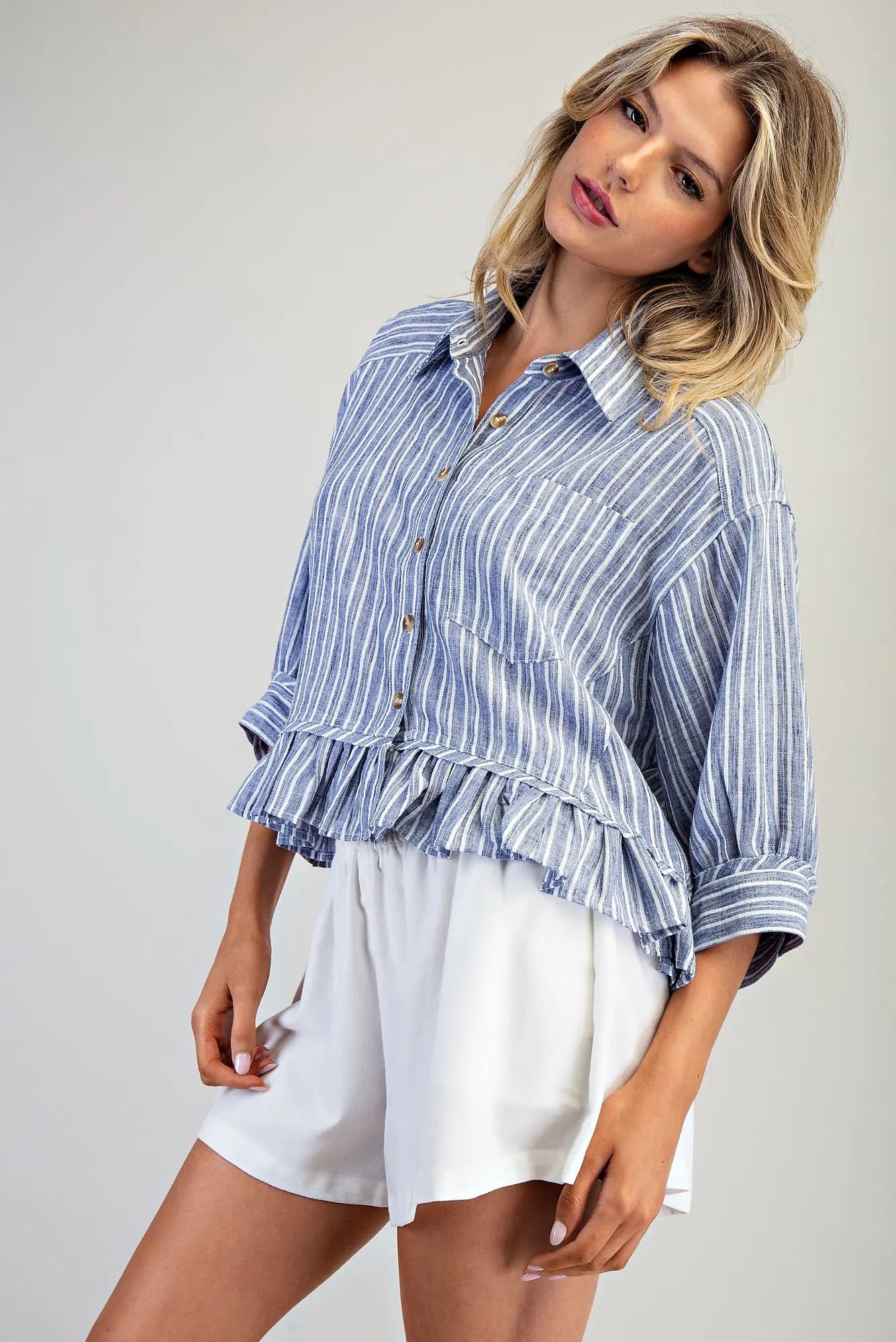 Striped Button Down Ruffle Hem Top