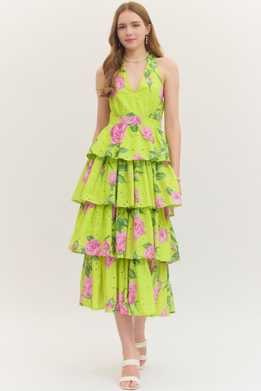 Chartreuse Floral Tiered Midi