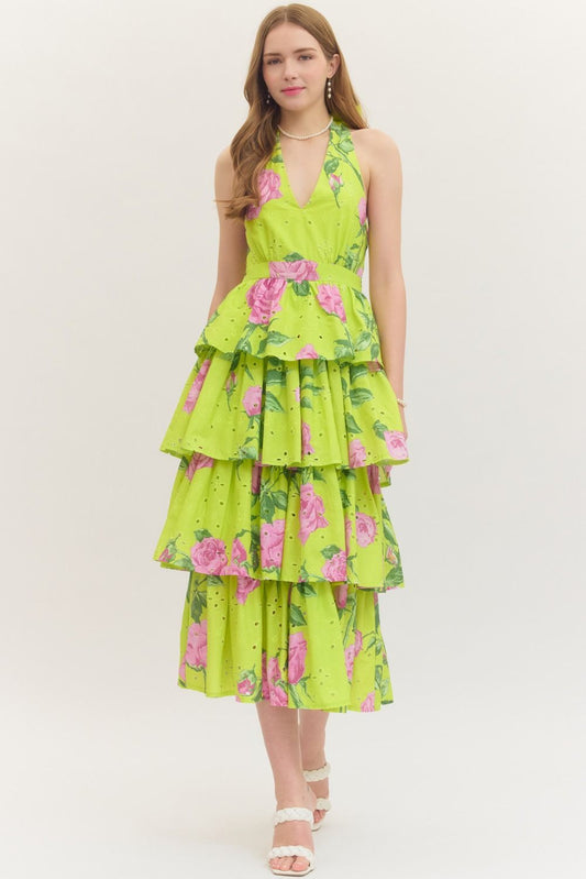 Chartreuse Floral Tiered Midi