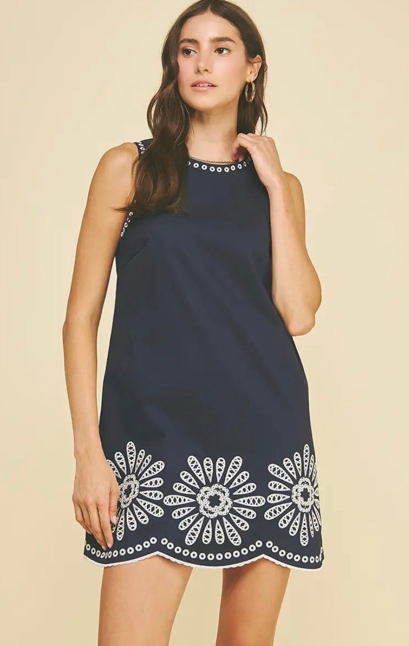 Classic Navy Embroidered Mini Dress