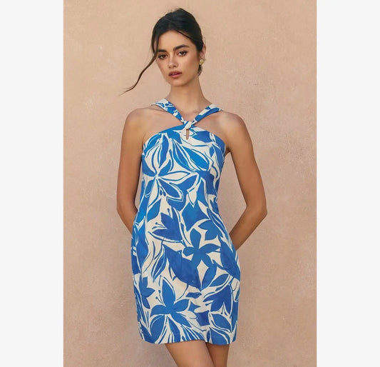 Blue Florals Halter Dress