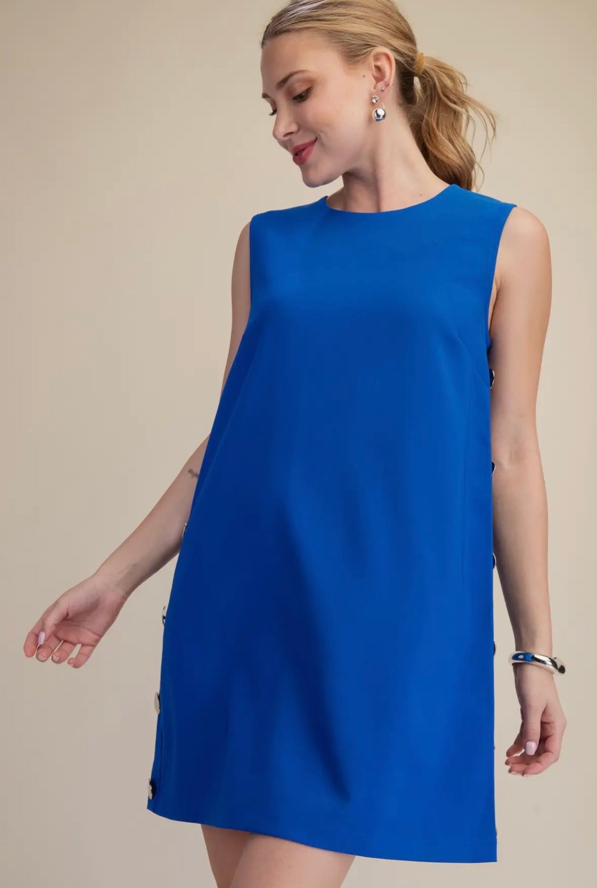 Royal Side Button Mini Shift Dress