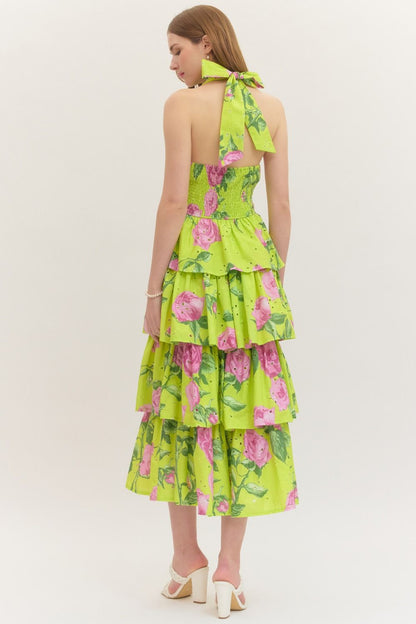 Chartreuse Floral Tiered Midi