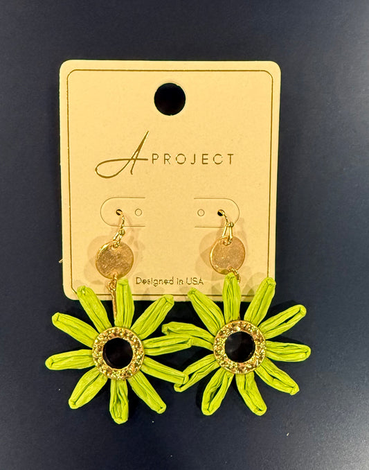 Raffia Flower Earrings - Lime