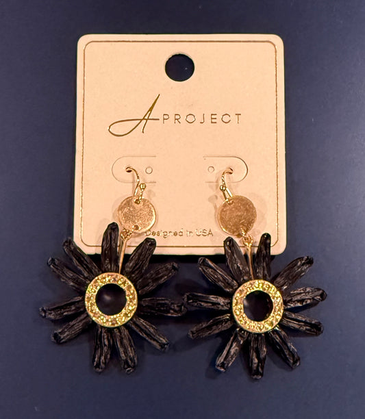 Raffia Flower Earrings - Black