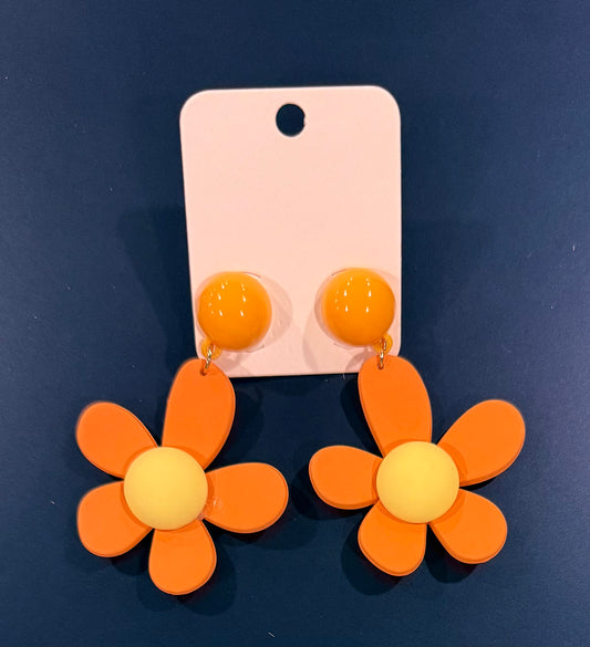 Statement Daisy Drop Earrings - Orange