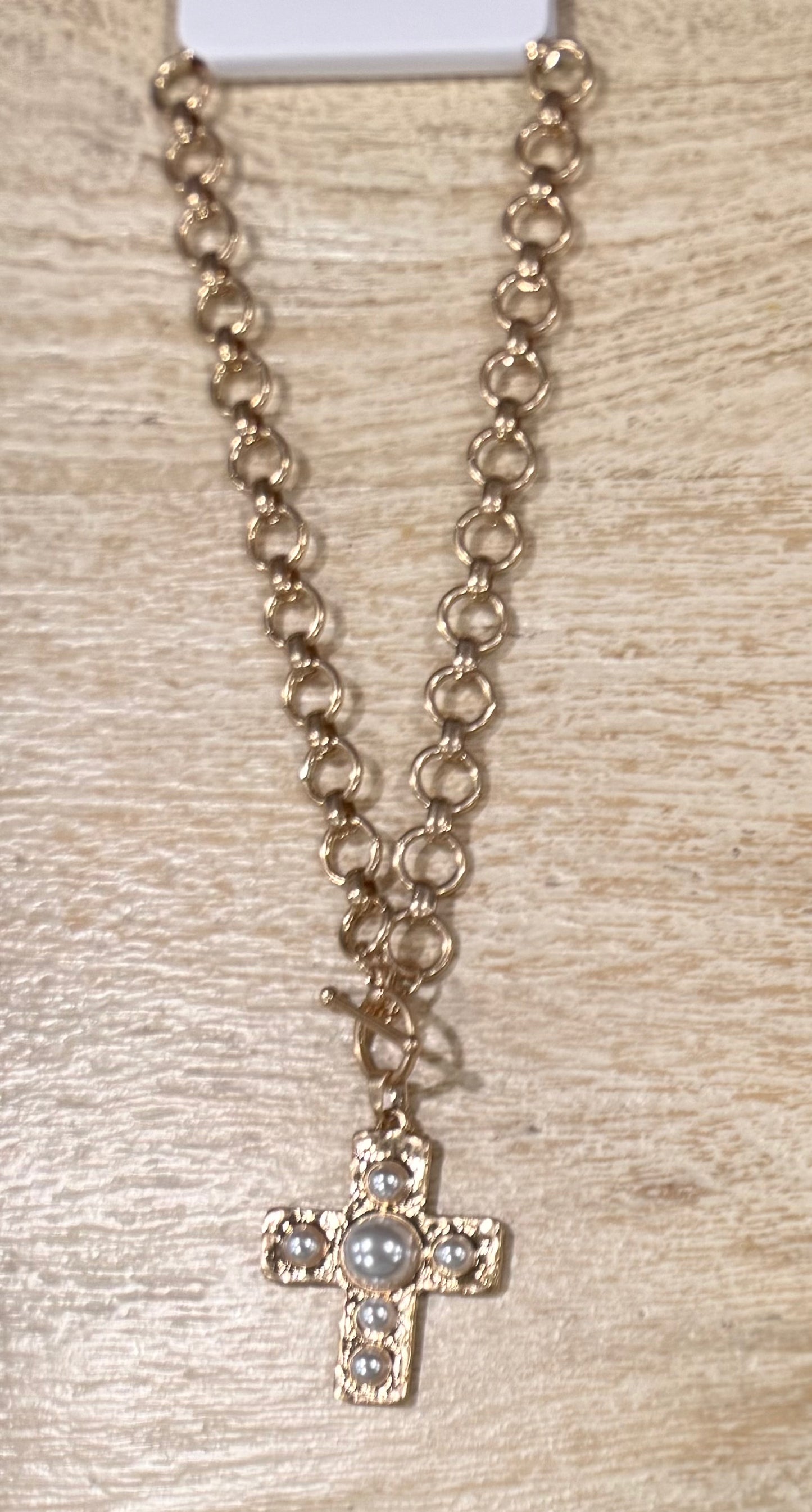 Hammered Gold + Pearl Cross Necklace
