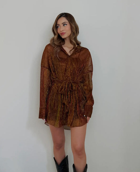 Shimmer Pleated Shirt Dress
