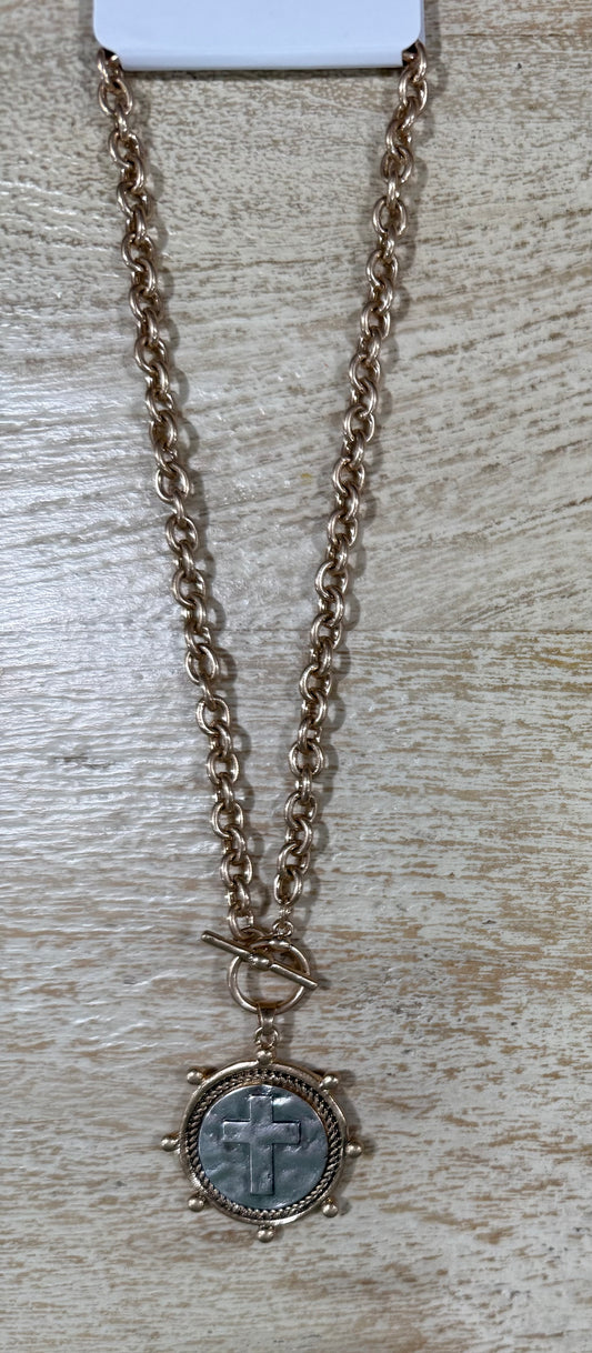 Mixed Metal Coin w/ Cross Necklace