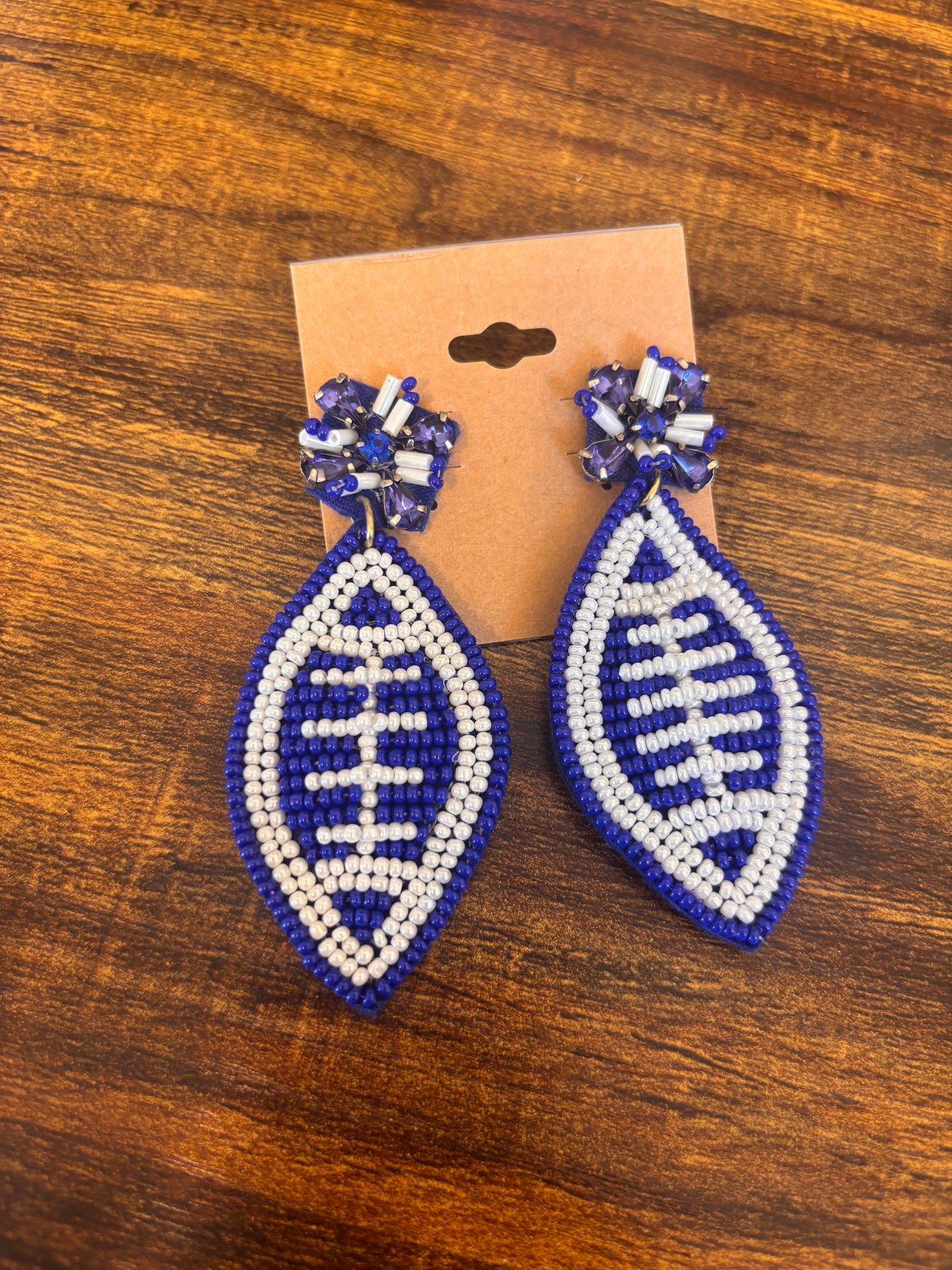Blue + White Beaded Football Earrings