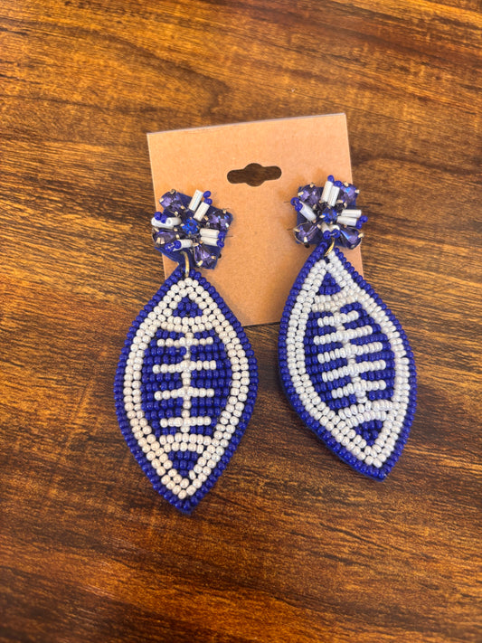 Blue + White Beaded Football Earrings
