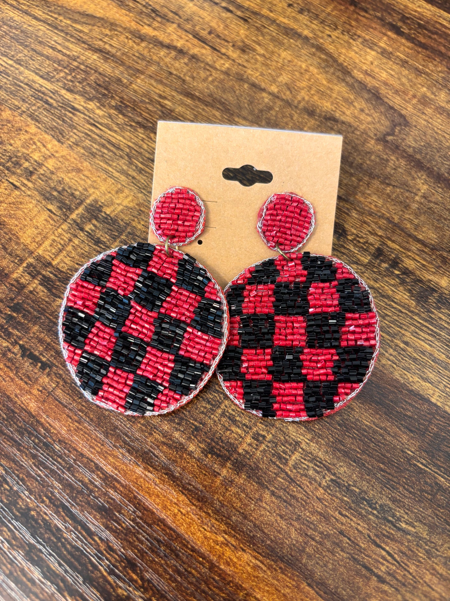 Red + Black Bead Checkered Earrings