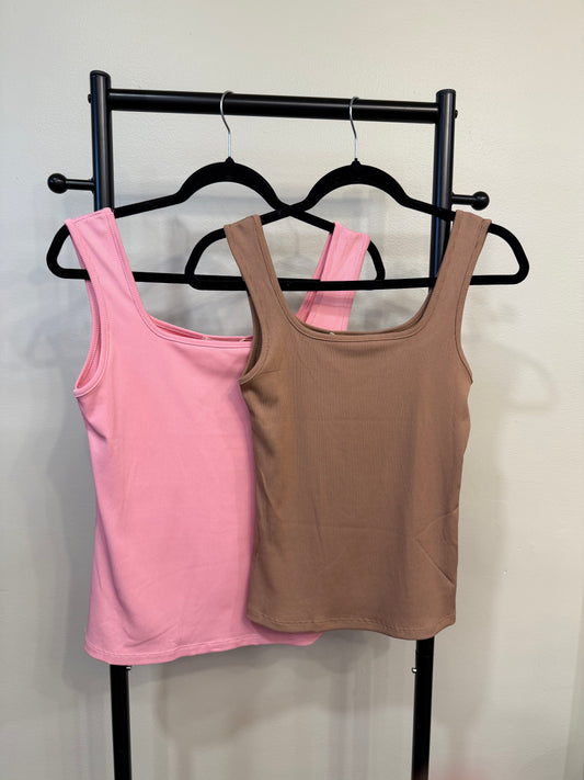 Bella Square Neck Tank - Pink & Tan