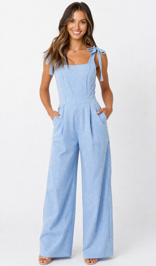Gingham Shoulder Tie Jumpsuit