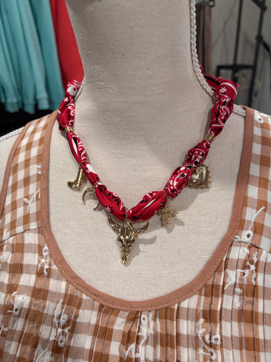 Western Icon Charm Scarf Necklace - Red