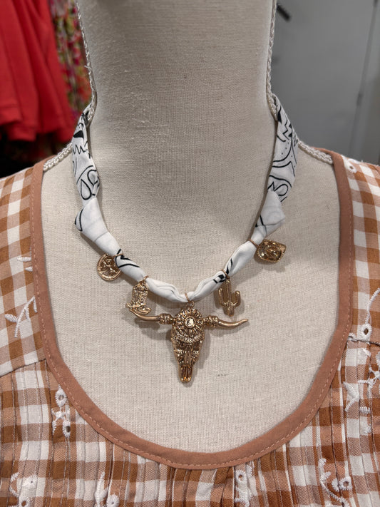 Gold Western Icon White Bandana Necklace