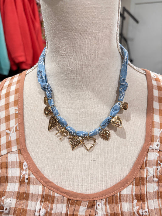 Heart Charm Bandana Necklace - Sky Blue