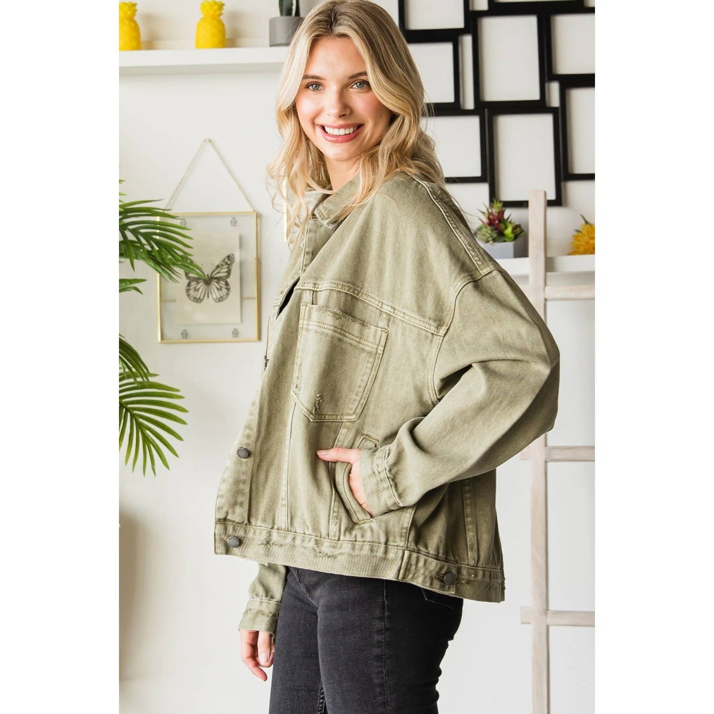 Pleated Denim Jacket - Med Denim PLUS