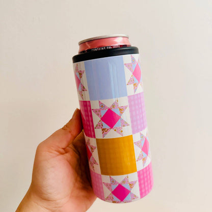 Pink Quilt Pattern Slim Can Cooler