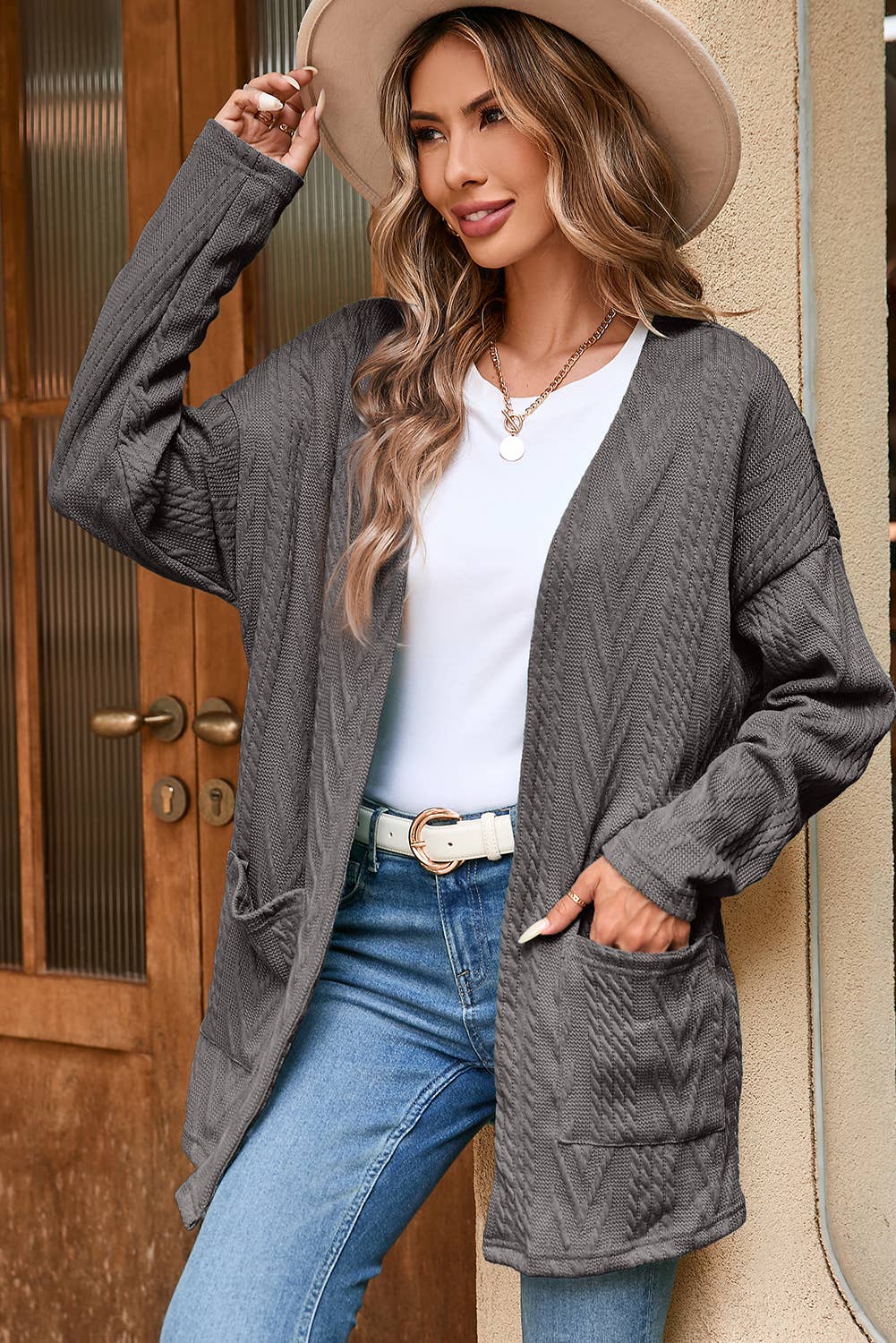 Textured Knit Cardigan | Medium Grey