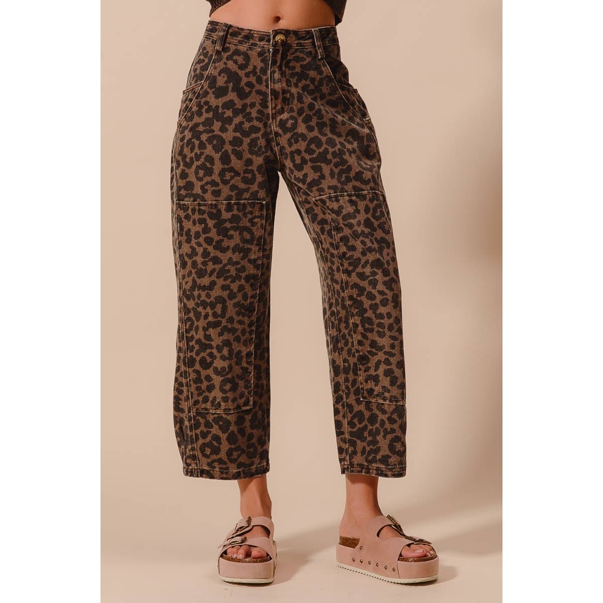 Leopard Mid Rise Barrel Pants