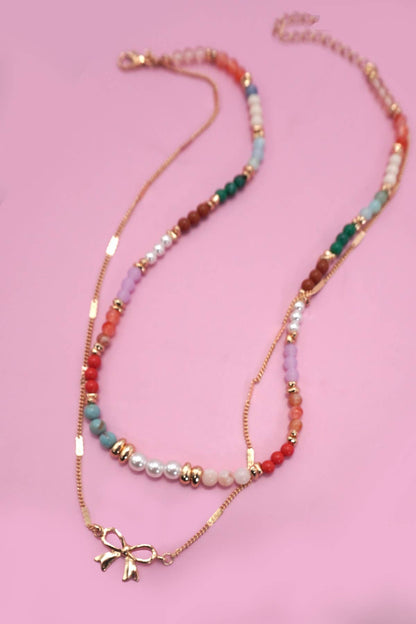 Bow + Beaded Layered Necklace