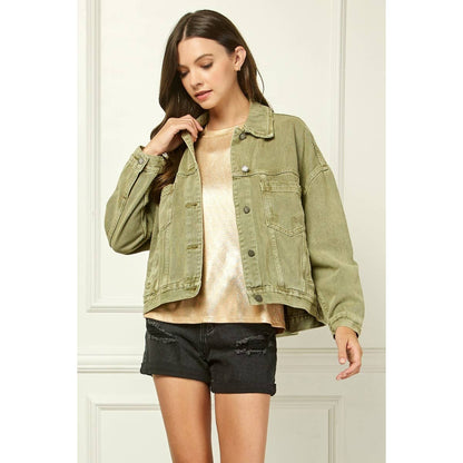 Pleated Denim Jacket - Olive