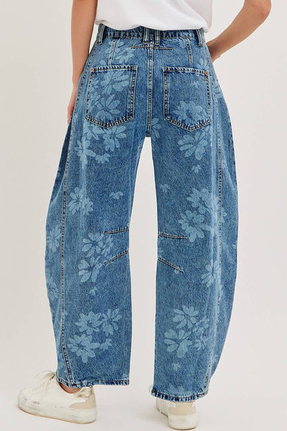 Floral Print Barrel Denim