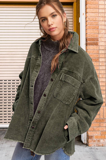 Oversized Washed Fabric Corduroy Button Down Jacket