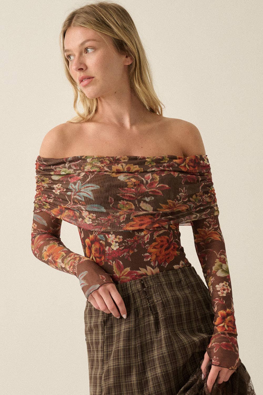 Floral-Print Mesh Off Shoulder Bodysuit