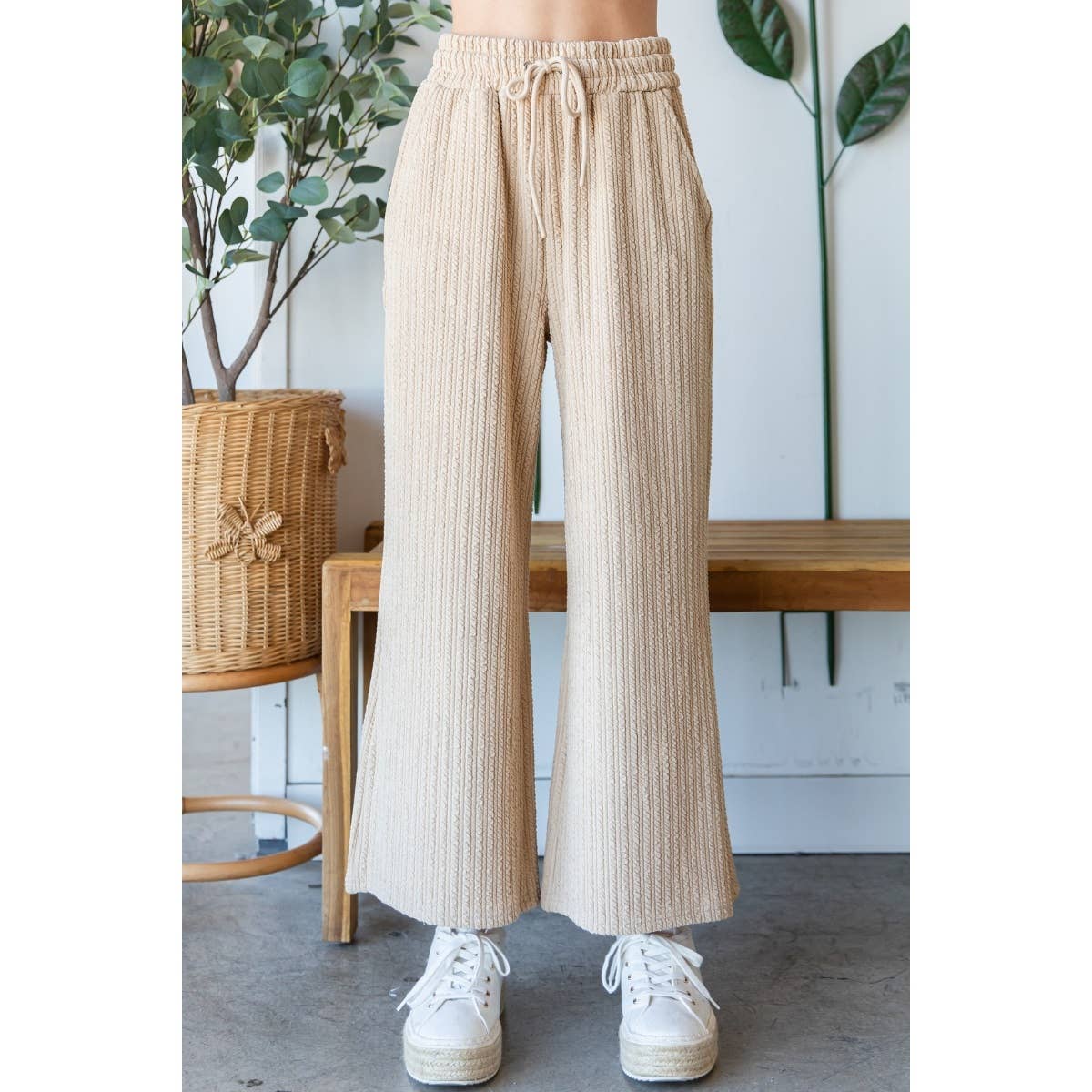 Waffle Textured Knit Pants: Beige