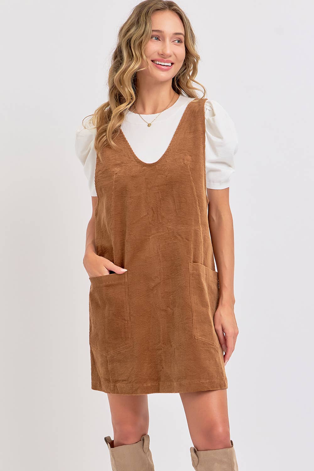 Cozy Corduroy Overall Dress - Camel