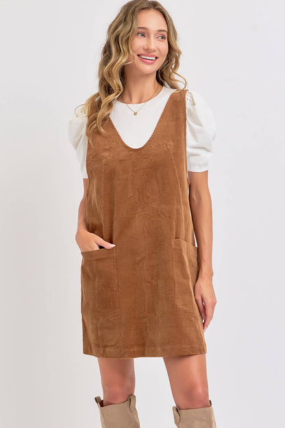 Cozy Corduroy Overall Dress - Camel