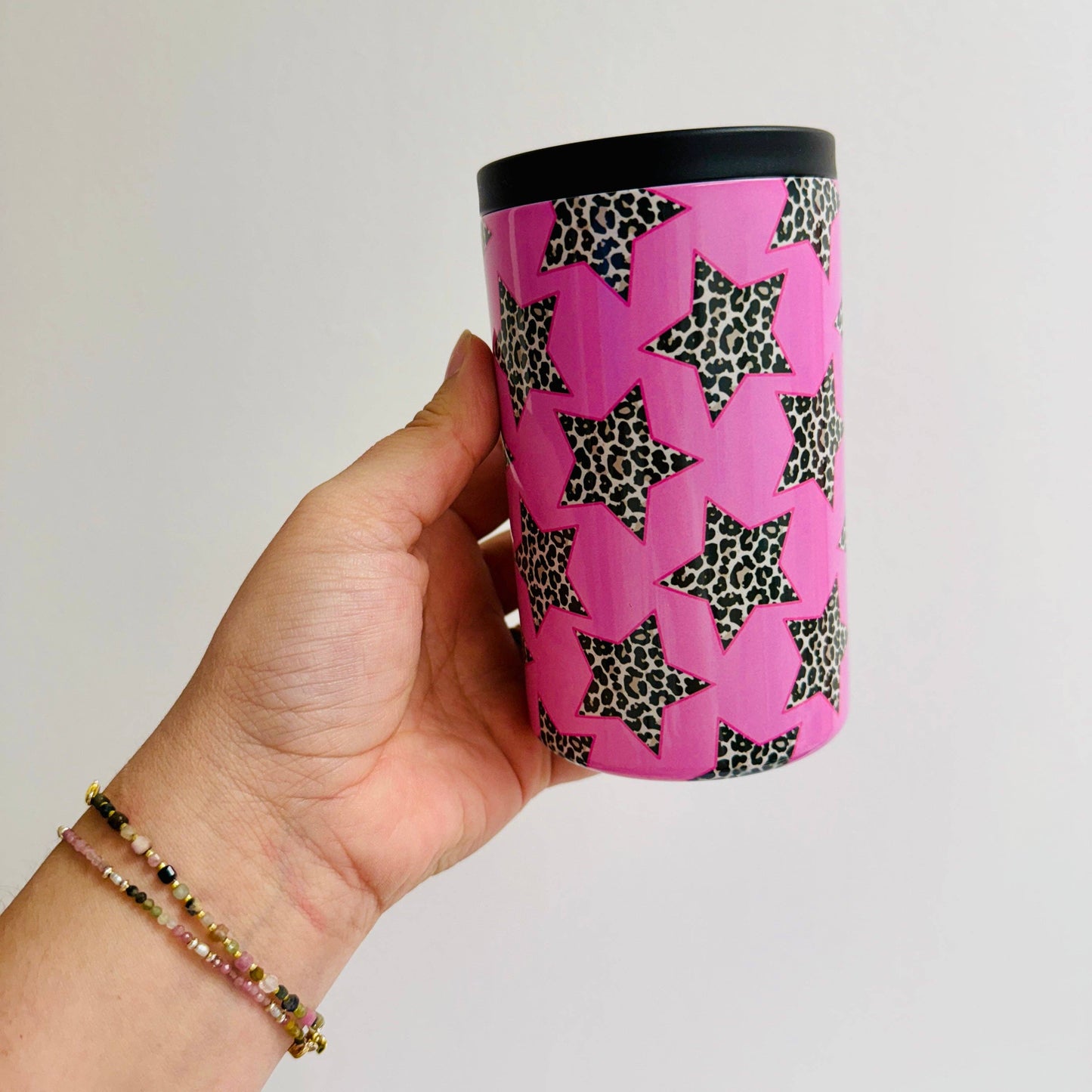 Cheetah Stars Pink 12 oz Can Cooler